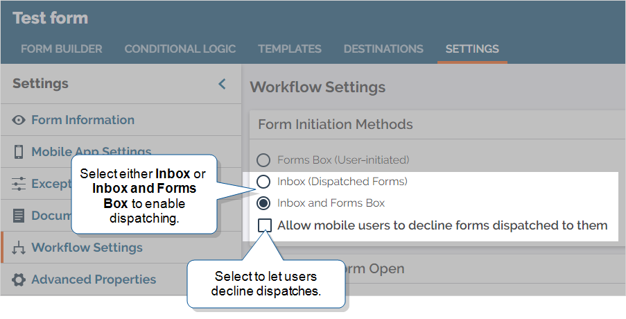 The Workflow Settings of a form titled "Test form". The Form Initiation Methods is set to "Inbox and Forms Box". Users cannot decline dispatches of the form.